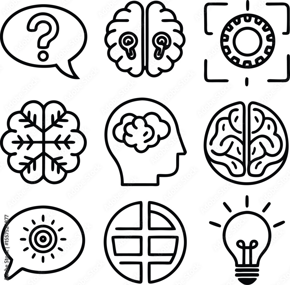 Poster collection of conceptual icons representing ideas thinking and problem solving with a focus on the b