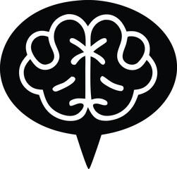 Stylized black and white icon representing a human brain within a speech bubble symbolizing thought or ideas