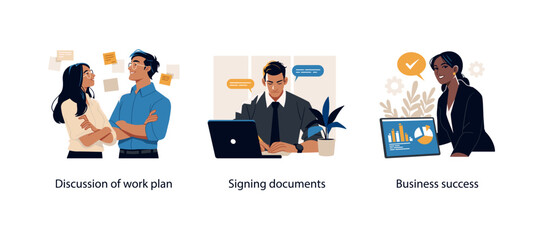 Three vector scenes showing a team discussing work plans, signing documents digitally, and celebrating business growth with data analysis.