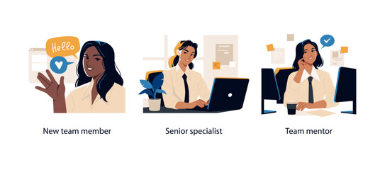 Three digital illustrations showing a new team member, a senior specialist at work, and an experienced mentor in a business setting.