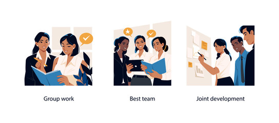 Three vector illustrations showing professionals engaged in teamwork, group planning, and collaborative project development in a business setting.