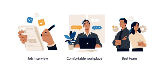 Three digital illustrations showing a job interview process, a relaxed office work environment, and a confident business team.