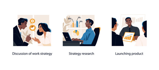 Three illustrations showing professionals discussing strategy, conducting research, and presenting data during a product launch process.