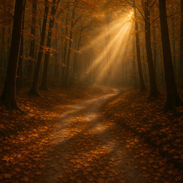 秋の紅葉に染まる森に差し込む光と落ち葉の小道の幻想的な風景写真