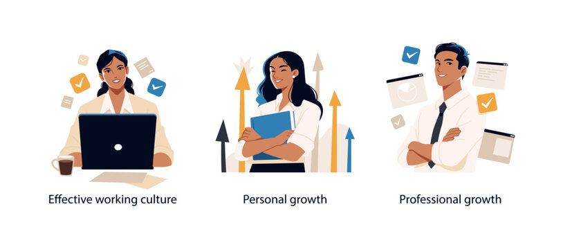 Three illustrations showing effective work culture, personal development, and professional career growth in a business environment.