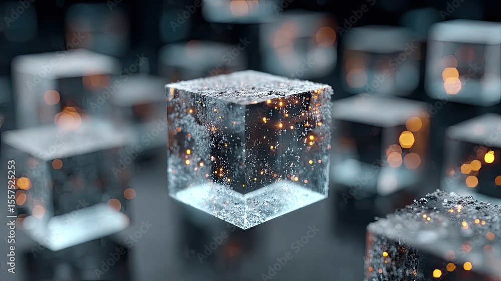 Poster blockchain cubic array concept with glowing data nodes, futuristic fintech digital system for crypto