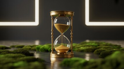 Golden Hourglass on Reflective Surface with Moss Accents and Neon Light
