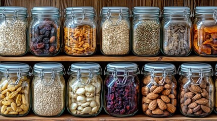 Rows of glass jars filled with various dried goods