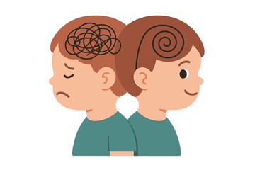 Fototapeta premium A child, kid, or baby with bipolar disorder has a mind that can be described as having a double face, split personality, and mood disorder, often represented by 2 head silhouettes in psychology