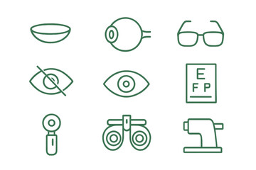 Fototapeta premium Vector illustration of ophthalmology line icons, including contact lens, eyeball, glasses, blindness, and eye check, in green color with editable stroke