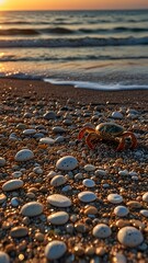 Crab on a Pebbled Beach at Sunset With Ocean Waves in Background
