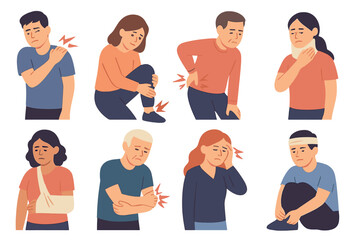 Fototapeta premium A collection of flat vector illustrations depicting people with injuries and aches, including men and women experiencing pain, is available, showcasing patients with various medical conditions, first