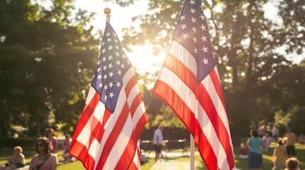American Flags Waving in Golden Sunlight at Outdoor Patriotic Event with Blurred Crowd