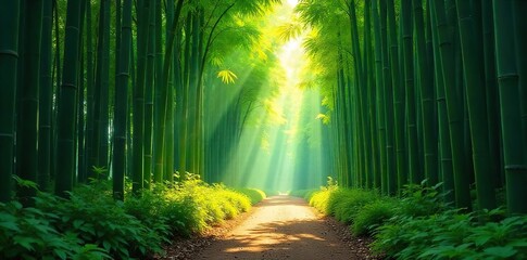 Sunlight Dappled Bamboo Forest Path Tranquil Japanese Landscape, Serene Green Canopy, Inviting Walkway, Peaceful Nature Scene