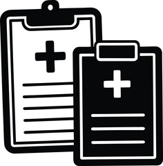 Two black and white clipboard icons featuring medical crosses and lines representing written information on a clean background