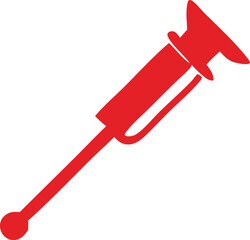 A stylized red syringe with a plunger and needle presented against a clean white background in a simple graphic design