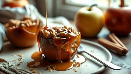 Baked apple peel crisp with caramel drizzle in motion - Powered by Adobe
