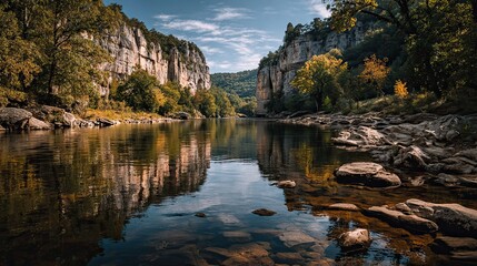 Buffalo River Tyler Bend with dramatic cliffs and calm water, Arkansas scenic nature landscape concept for travel, ads