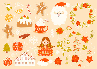 Big set of Christmas vector elements - Santa face, gift box, gingerbread, candy cane, mistletoe, holly berry. Colorful hand drawn flat cartoon winter holiday stickers. Isolated on pastel background