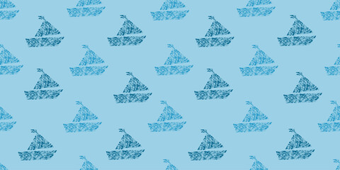 Crayon boats seamless pattern vector illustration. Textured ship repeated ornament. Design for kids goods, nursery, textile, fabric. Sea easthetic drawing.
