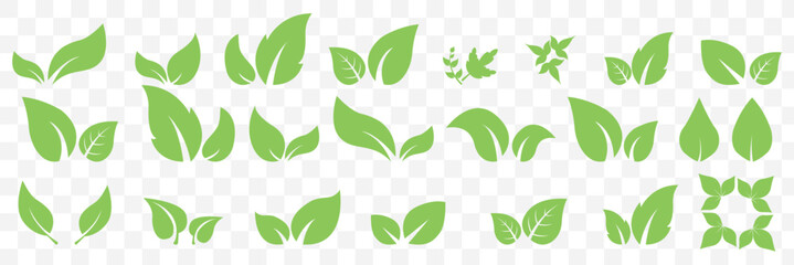 Set of green leaf icons. Green color. Leafs green color icon logo. Leaves on white background. Ecology. Vector illustration on Transparent Background. EPS 10.