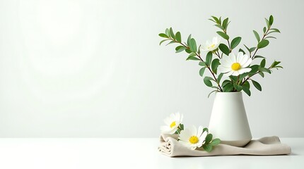 Elegant white and green floral flatlays, overhead style with varied vase positions and clean space—ideal for premium covers and digital branding, Mockup for workspace concept.