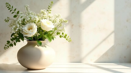 Elegant white and green floral flatlays, overhead style with varied vase positions and clean space—ideal for premium covers and digital branding, Mockup for workspace concept.