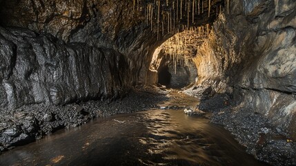 Idaho lava tube tunnel with mineral drips on ceiling and chiaroscuro lighting for cave exploration, geology education