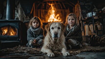 Naklejka na ściany i meble Children sitting with dog near fireplace, cozy winter family moment with warmth, pets and bonding at home