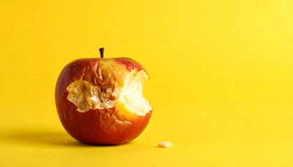 A humorous, unattractive apple isolated on a yellow background. Image with a space for text, horizontal orientation, viewed from the side.