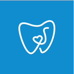 Minimalist Dental Icon of Tooth with Heart Shape Outline on Blue Background