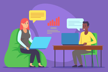Two individuals engaged in productive work session. Woman sitting in bean bag with laptop, while man working from desk. Colorful speech bubbles indicating interaction
