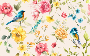 Obraz premium A lively pattern of pink roses, yellow blooms, and blue flowers surrounds two bluebirds lush greenery and bright tones form a vibrant, nature-inspired composition