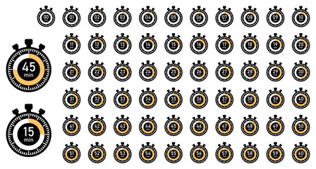 Stopwatch timer icon set from 1 to 60 minutes with circular progress rings. Ideal for fitness apps, schedules, time trackers, countdown designs, or productivity related user interfaces. Icons, vector.