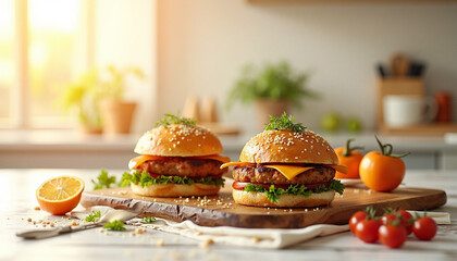 Appetizing View of Delicious Homemade Burgers Ready to Be Enjoyed in Kitchen Setting