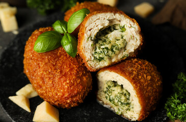 Traditional chicken Kiev cutlet with herb butter filling - crispy and juicy 