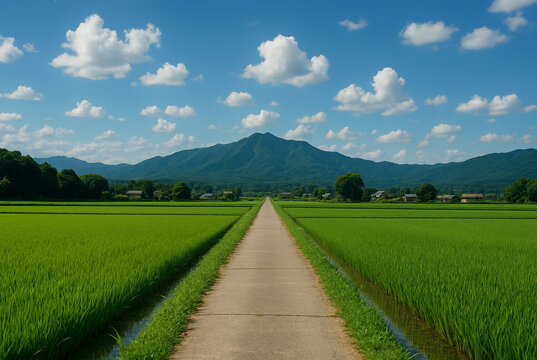 夏空の下に続く真っ直ぐな田舎道と緑豊かな田んぼと山の風景写真