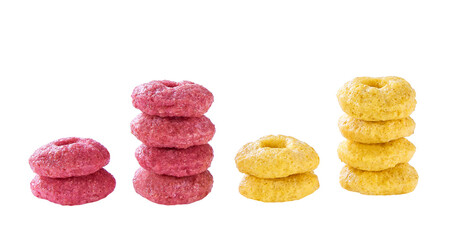 corn rings and strawberry rings rings isolated on white background . colorful corn rings .
