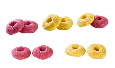 corn rings and strawberry rings rings isolated on white background . colorful corn rings .