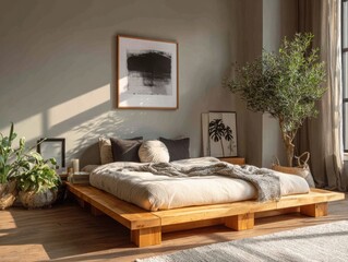 A bed with a white comforter and pillows. A picture of a tree is on the wall