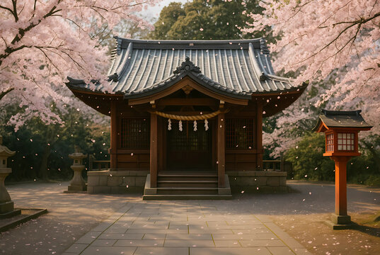 春の桜吹雪に包まれた日本の伝統的な神社と灯籠が美しい風景写真