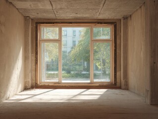 Fototapeta premium A window in a room with a view of a building. The window is open and the room is empty