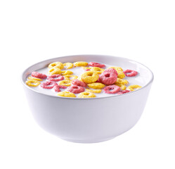 corn rings and strawberry rings with milk in a bowl isolated on a white background. Cereal with fruit flavors. Fruity cereal.