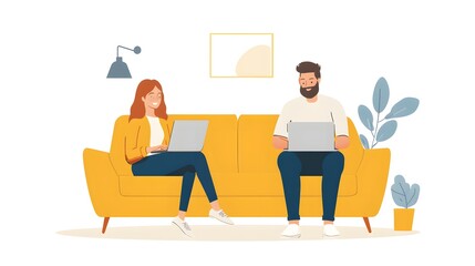cheerful man and woman sitting on sofa with laptop, lifestyle concept, bright natural light 
