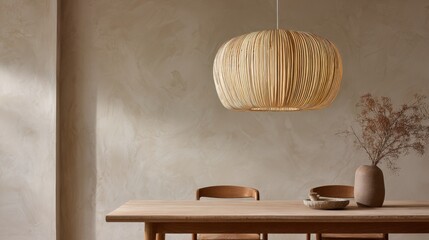 Natural minimalist dining setting with wooden table and pendant light