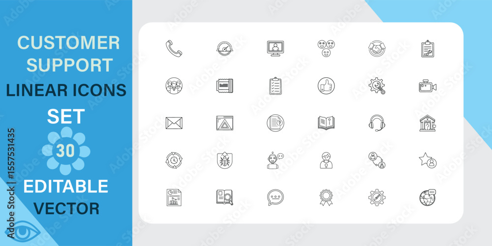 Poster customer support linear icons set. phone, email, chat, message and more. outline vector icon in line