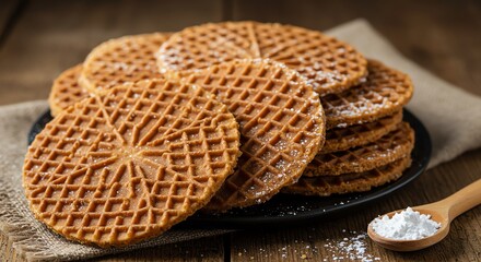 Stack of Stroopwafels with Powdered Sugar on Black Plate and Wooden Spoon
