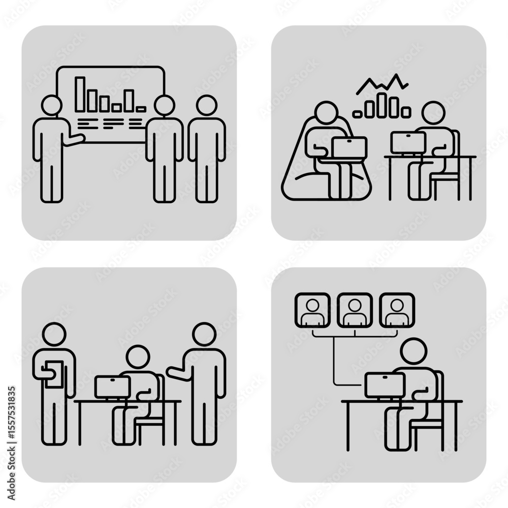 Poster set of line icons with various teamwork activities. discussions, data presentations, and collaborati