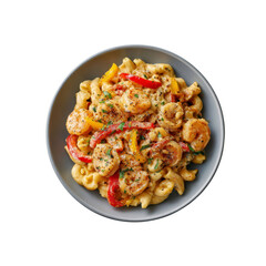 Creamy Shrimp and Pepper Pasta in Gray Bowl - Overhead Shot