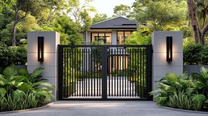 Modern house behind a sleek black metal gate with tall pillars and wall lights, surrounded by lush green plants and tall trees.